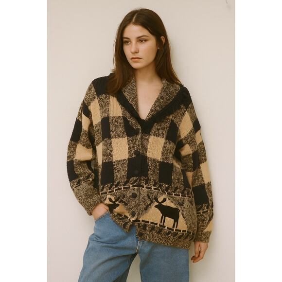 Eagles Eye Chunky Oversized Buffalo Check Fringe Moose Cardigan Sweater S - Picture 1 of 8